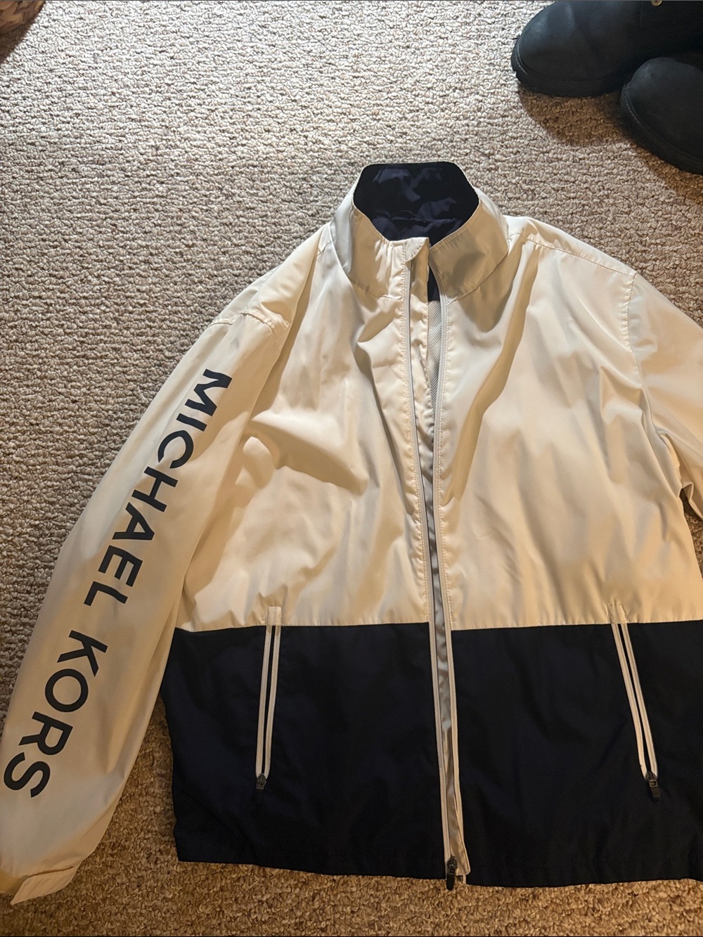 Michael Kors Cream and Navy Colorblock Windbreaker Jacket